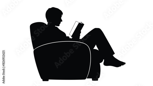 Black silhouette of a man relaxing in a comfortable armchair while reading an open book, flat vector illustration, isolated on white background
