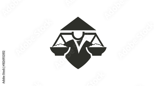 Stylized justice scales icon with a legal figure, representing law, judgment, equity, and fairness in the court system.