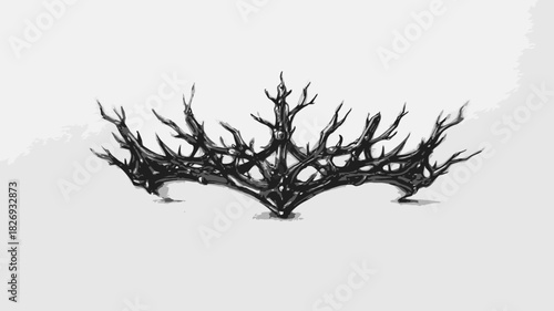 Ornate dark thorny crown isolated on white. Twisted branches form a gothic fantasy headpiece, symbolizing mystery, magic, and woodland enchantment.