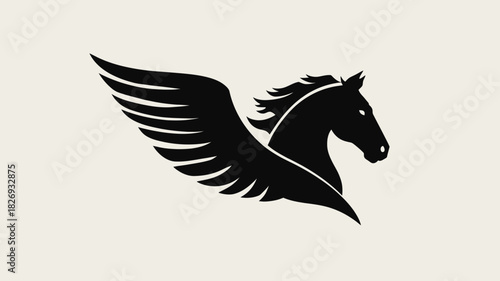 Elegant black silhouette of a majestic winged horse in profile, fantasy creature graphic icon design concept on a light background.