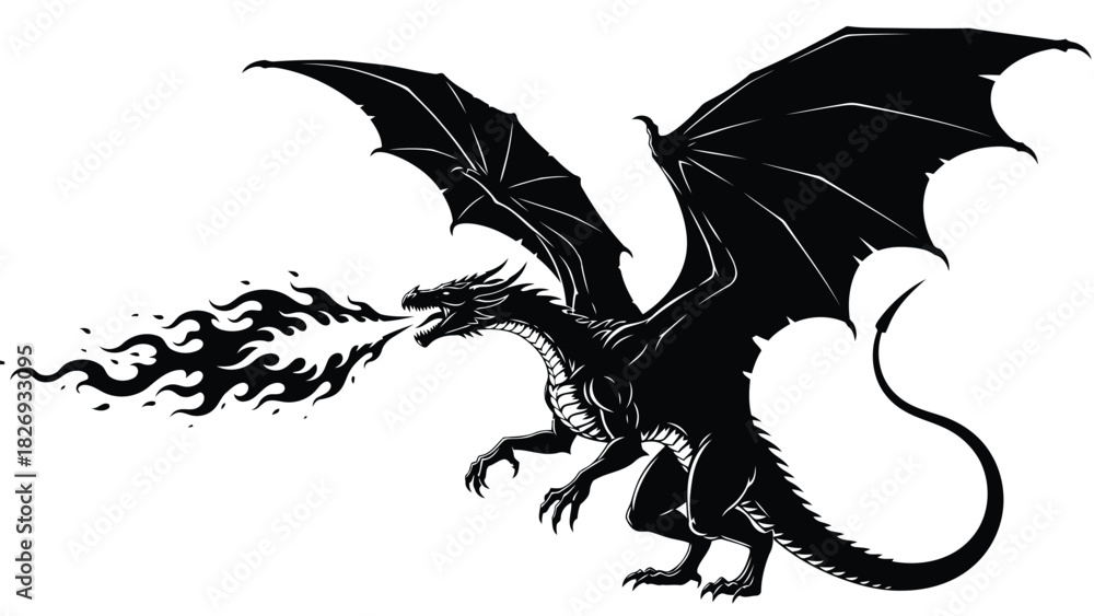 custom made wallpaper toronto digitalFierce black dragon with spread wings breathing flames from open mouth, mythical beast silhouette, tattoo style vector illustration, isolated on white background