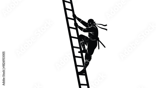 Ninja warrior silhouette climbing a ladder with a sword on his back and flowing headband in a stealthy pose, vector illustration, isolated on white background
