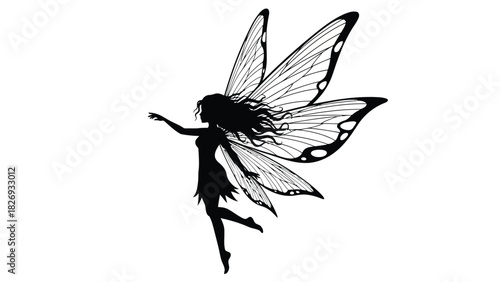 Elegant fairy silhouette with detailed butterfly wings and long hair reaching out in flight, black vector art logo design, isolated on white background