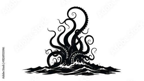 Giant octopus silhouette rising from stormy ocean waves with curling tentacles, black and white vector art, logo design, isolated on white background