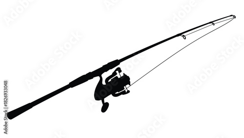 Black silhouette of a fishing rod with a spinning reel and taut line, sport fishing gear, vector illustration, isolated on white background