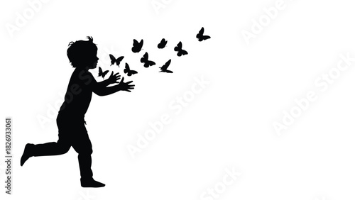 Silhouette of a young boy running and releasing a swarm of flying butterflies from his hands, flat vector art, isolated on white background