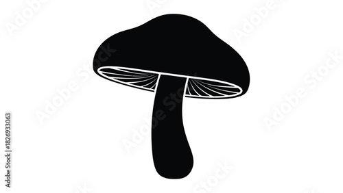 Black mushroom silhouette with white gill details under the cap, organic nature symbol, vector art, logo design, isolated on white background