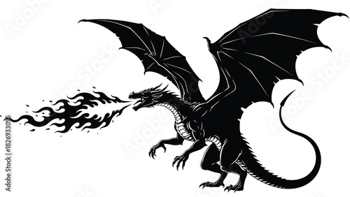 Fierce black dragon with spread wings breathing flames from open mouth, mythical beast silhouette, tattoo style vector illustration, isolated on white background
