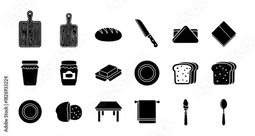 Kitchen essentials: food and utensils in black silhouette design