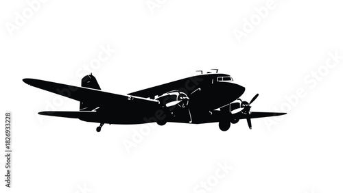 Vintage twin-engine propeller airplane silhouette flying in profile view, black vector illustration, flat style, logo design, isolated on white background