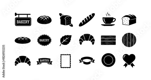 Bakery icons set: bread, coffee, and pastry silhouettes for cafes and restaurants