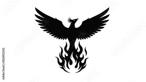 Black silhouette of a phoenix bird rising with spread wings from stylized flames, tribal tattoo style, logo design, vector art, isolated on white background
