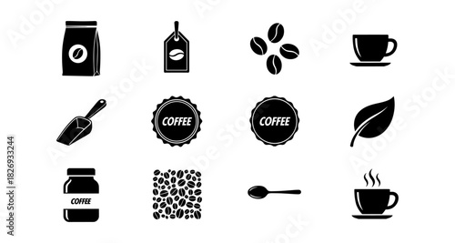 Coffee icons set featuring silhouette designs of beans, cups, and accessories