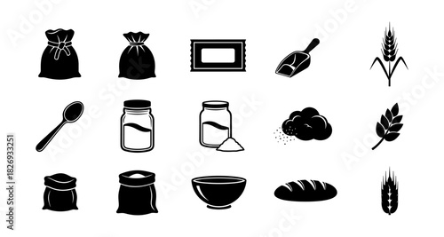 Essential baking ingredients silhouettes: flour, sugar, wheat, bread icons