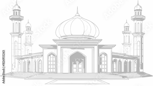 Beautiful Islamic mosque line art illustration with a majestic dome and towering minarets. Sacred religious building architecture.