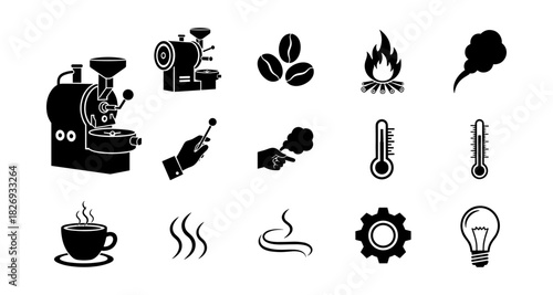 Coffee icons: roasting, brewing, and temperature in silhouette style