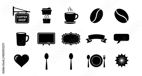 Collection of coffee shop silhouette icons including cups, beans, and utensils