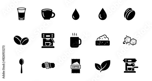 Coffee icons set: silhouette style featuring cups, beans, machines, and accessories