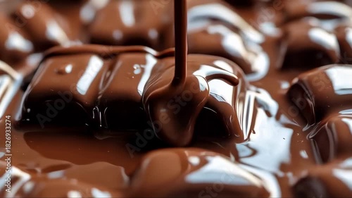 Chocolate pieces slowly melting in warm liquid create a rich and glossy texture, perfect for desserts and treats. Experience the transformation of ingredients in this captivating moment.