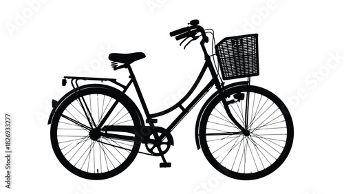 Classic city bicycle silhouette featuring a front basket, rear rack, and step-through frame, black vector illustration, isolated on white background