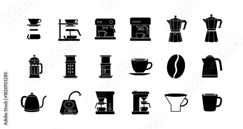 Silhouette icons of coffee makers and accessories for brewing enthusiasts