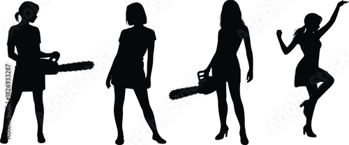 Silhouette women posing with chainsaws, strong female figures, creative power tool concept, bold outline illustration, confident stance, dramatic black shadow artwork