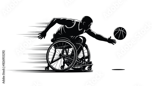 Dynamic athlete in wheelchair chasing basketball with motion lines, black and white silhouette style, sports logo design, isolated on white background