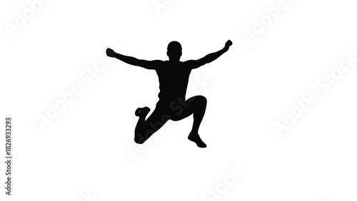 Black silhouette of a male athlete jumping high with arms outstretched in dynamic pose, vector illustration, isolated on white background