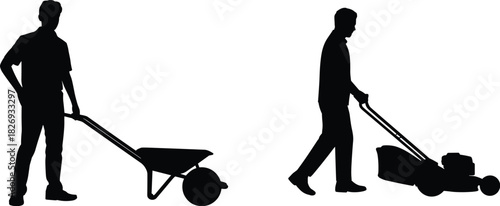 Silhouette workers pushing wheelbarrow and lawnmower, outdoor labor scene, garden maintenance, landscaping tools, manual equipment, minimal black silhouette illustration