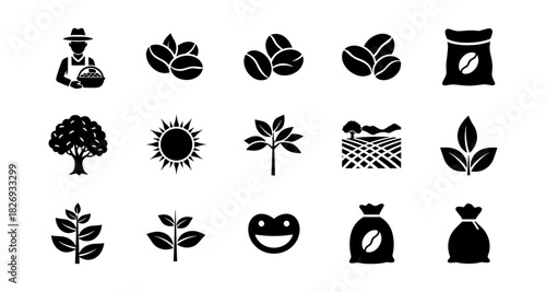 Coffee farming icons set: silhouette collection of coffee beans, plants, and agriculture symbols