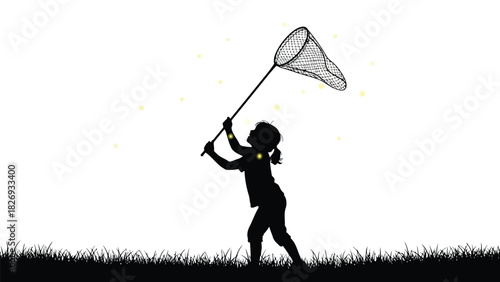 A silhouette of a child standing in a grassy field, holding a butterfly net raised high above their head, as if ready to catch something