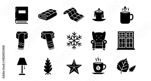 Cozy winter essentials: silhouette icons of blankets, snowflakes, and warm drinks