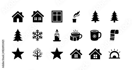 Winter icons collection: cozy homes and seasonal symbols in black silhouette