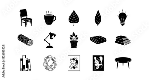 Minimalist silhouettes of everyday items: chairs, lamps, and more in black and white