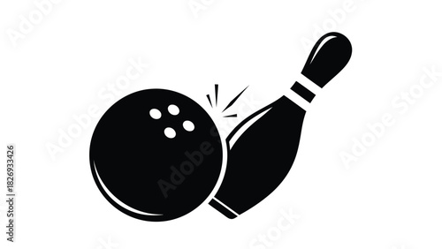 Black bowling ball hitting a bowling pin with motion lines, strike, game, sport, leisure activity, competition, flat vector illustration, sticker design, isolated on white background