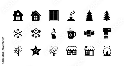 Winter silhouette icons: cozy home, trees, and festive symbols collection