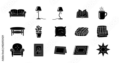 Cozy living room elements in black silhouette icons set for home decor concepts