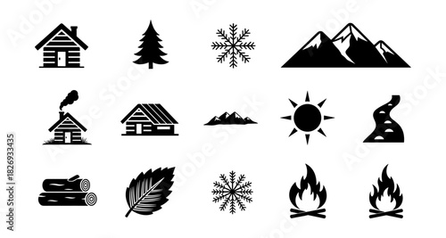 Silhouette icons of outdoor and wilderness elements for adventure designs