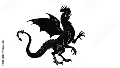A striking black silhouette of a mythical creature that combines elements of a rooster and a dragon