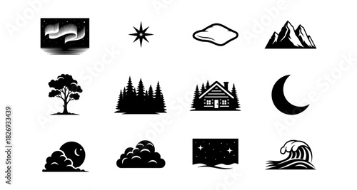 Nature silhouette icons: night sky, mountains, waves, and more in monochrome art