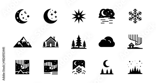 Silhouette nature icons: mountains, trees, weather, night sky, cabin