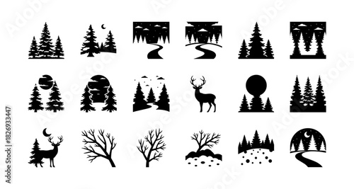 Silhouette forests and wildlife: nighttime scenes and deer