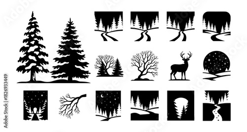 Silhouette winter forest scenes with deer and tree designs