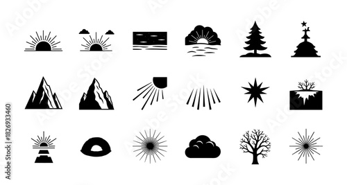 Minimalist nature icons set with sunrise, mountains, and trees in silhouette style