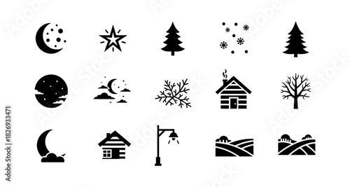 Silhouette icons of nature and winter: trees, cabins, and landscapes