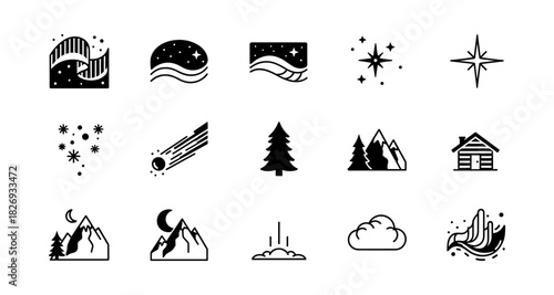 Minimalist night and nature icons featuring stars, moon, and mountains in black and white