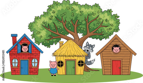 Three little pigs houses with big bad wolf hiding behind tree, cartoon fairy tale illustration, children storybook scene, playful colorful artwork design