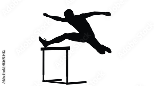 Silhouette of athletic man jumping over hurdle, demonstrating speed and agility in track and field, competitive sport, flat vector design, sticker design, isolated on white background