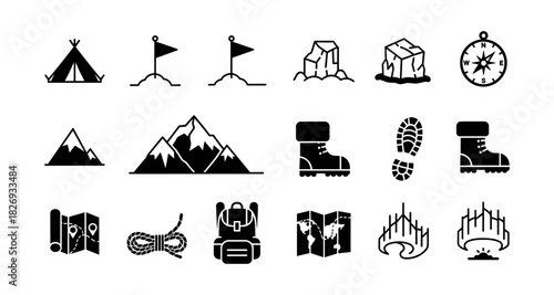 Essential camping icons set: flat design adventure and exploration symbols