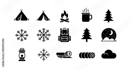 Camping and winter icons collection: tents, fire, snowflakes, backpack, hot drink, lantern, logs